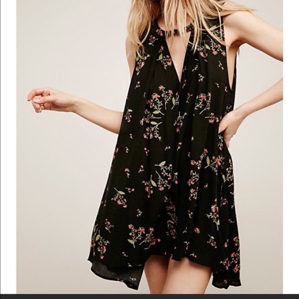 FREE PEOPLE Tree Swing black cutout tank tunic dress floral flowing Sz Small